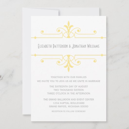 黄色のv2飾ファンシーり付き結婚式の招待 招待状 (正面)