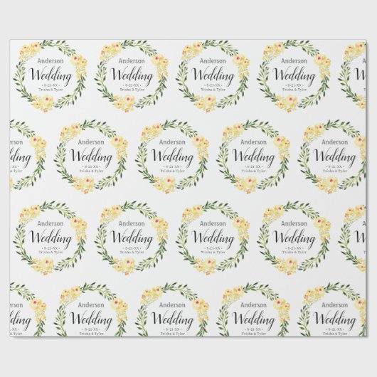 黄色のW/C花の名前と白の日付結婚 ラッピングペーパー (フラット)