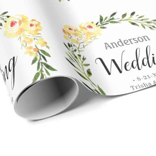 黄色のW/C花の名前と白の日付結婚 ラッピングペーパー (ロールコーナー)