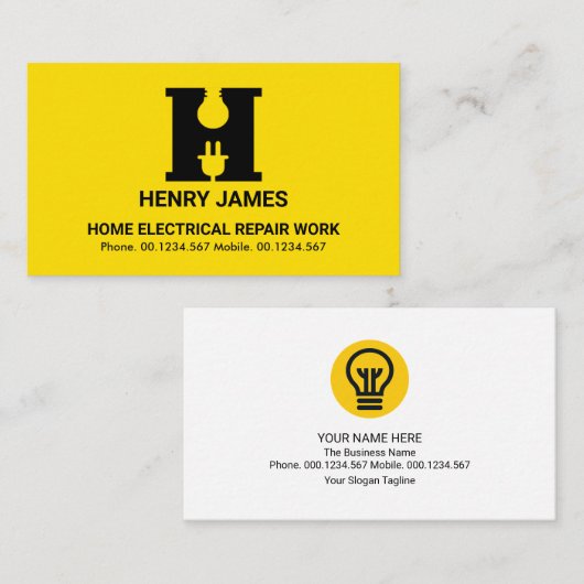 黄色はっきりしたアルファベットH電球プラグのモチーフ電気技師 名刺 (正面/裏面)