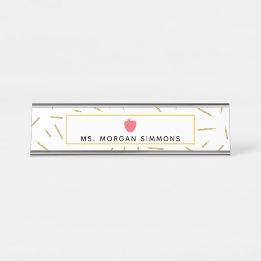 黄色はピンクのAppleの先生のネームプレートを書きます デスクネームプレート (正面)