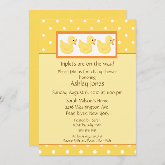 黄色は三重項のベビーシャワーを引込めます 招待状 (正面/裏面)