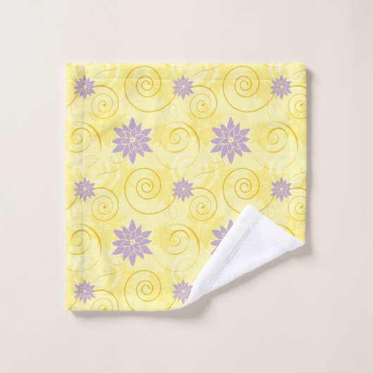 黄色は紫色のはすの花パターンと渦巻きます バスタオルセット (ウォッシュタオル)