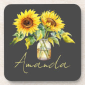 黄色ひまわりかわいらしのブラックミニマリスト コースター (正面)