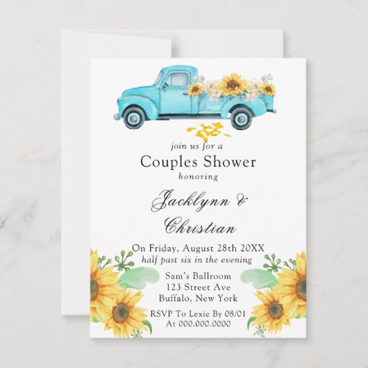 黄色ひまわりアクアヴィンテージトラックカップルシャワー 招待状 (正面)