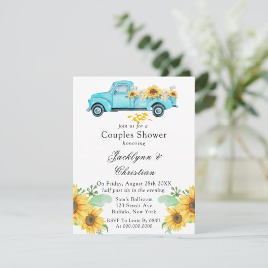 黄色ひまわりアクアヴィンテージトラックカップルシャワー 招待状 (スタンド正面)