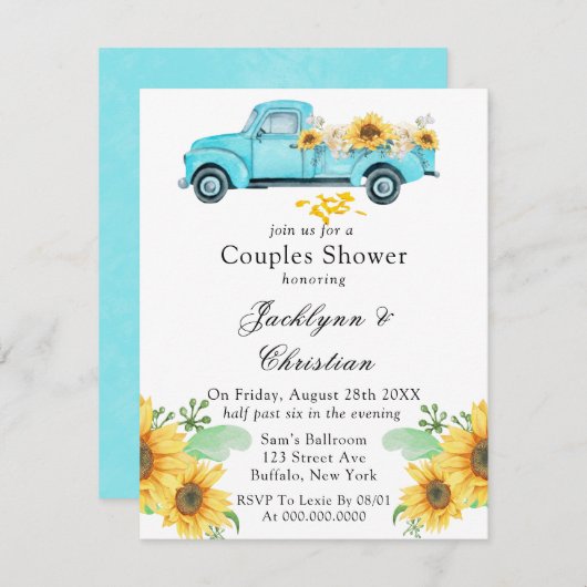 黄色ひまわりアクアヴィンテージトラックカップルシャワー 招待状 (正面/裏面)