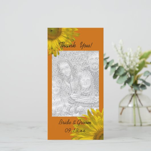 黄色ひまわりオレンジ色ありがとうフォトカード サンキューカード (スタンド正面)