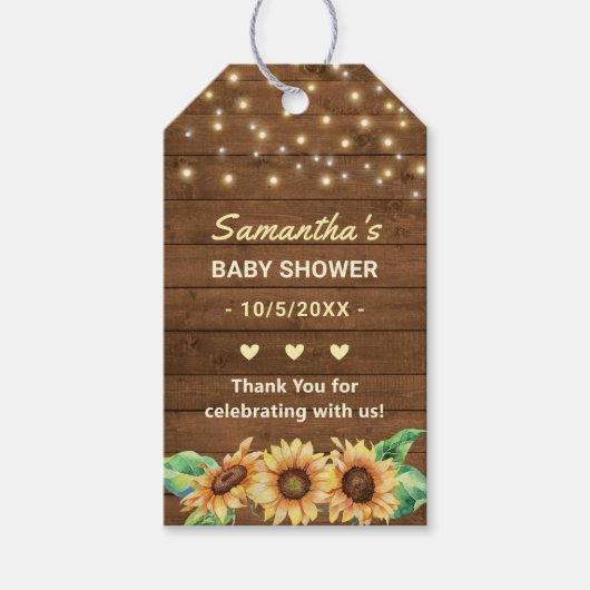 黄色ひまわりカントリーニュートラルベビーシャワーの好意 ギフトタグ (正面)