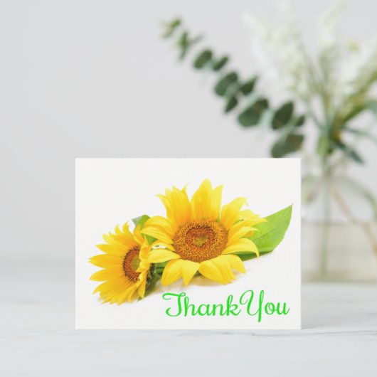 黄色ひまわりサンフラワーありがとう緑の結婚式の花 ポストカード (スタンド正面)