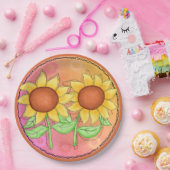 黄色ひまわりテクスチャピンクグリーンフローラ ペーパープレート (パーティー)