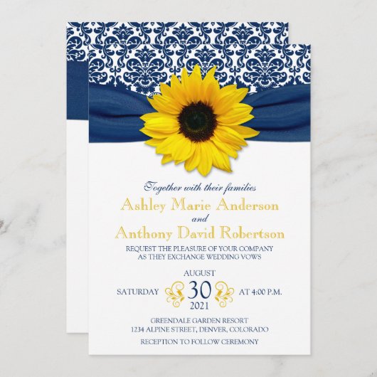 黄色ひまわりネイビーブルーダマスクリ結婚ボン 招待状 (正面/裏面)