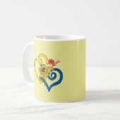 黄色ひまわりハート付きブルーイエロー マグカップ (正面左)