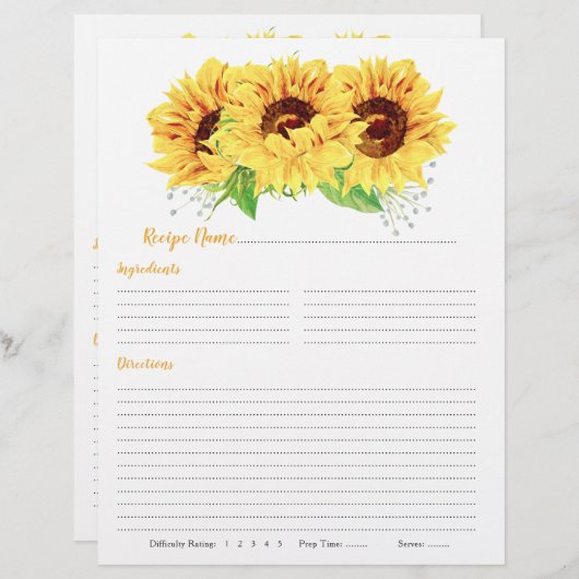 黄色ひまわりバインダーレシピインサート (正面/裏面)