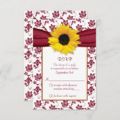 黄色ひまわりバーガンディーダマスクウェディングRSVPカード 出欠カード (正面/裏面)