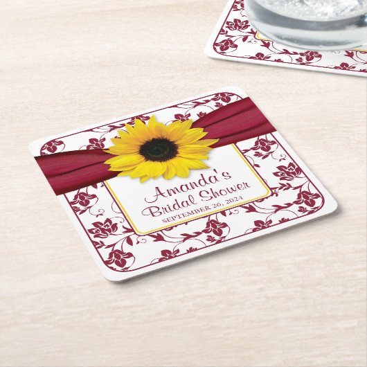黄色ひまわりバーガンパーソナライズされたディ結婚ズ スクエアペーパーコースター (アングル)