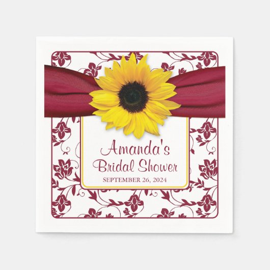 黄色ひまわりバーガンパーソナライズされたディ結婚ズ スタンダードカクテルナプキン (正面)