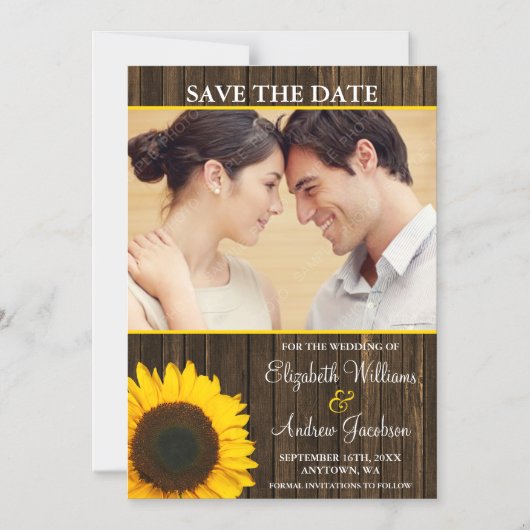 黄色ひまわりバーンドウッド写真保存日 マグネット招待状 (正面)