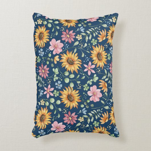 黄色ひまわりピンクフローラブルースロー アクセントクッション (正面(垂直))