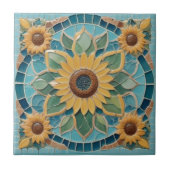 黄色ひまわりフェイクモザイクアクアブルー タイル (正面)