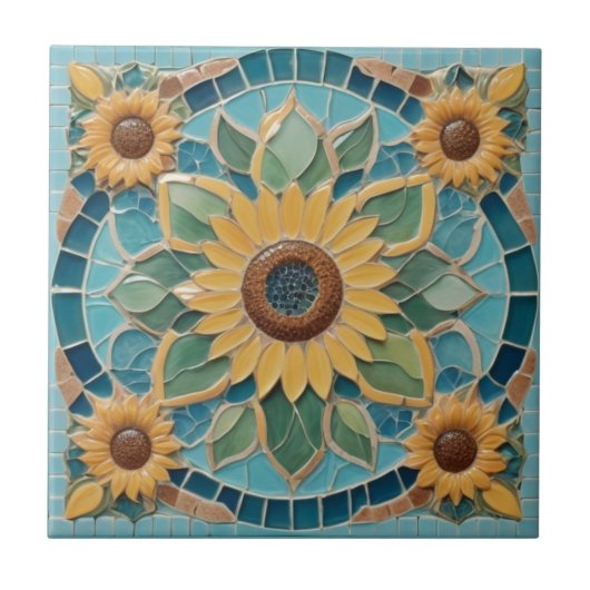 黄色ひまわりフェイクモザイクアクアブルー タイル (正面)