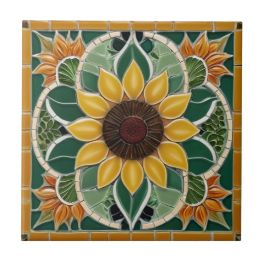 黄色ひまわりフェイクモザイクダークグリーン タイル (正面)