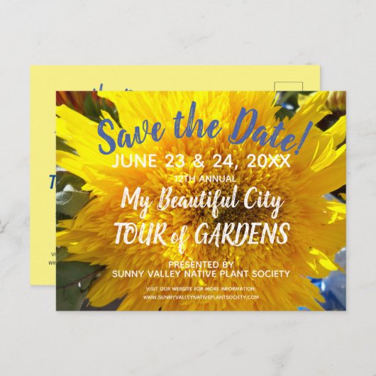 黄色ひまわりフォトガーデンツアー日付保存 インビテーションポストカード (正面/裏面)