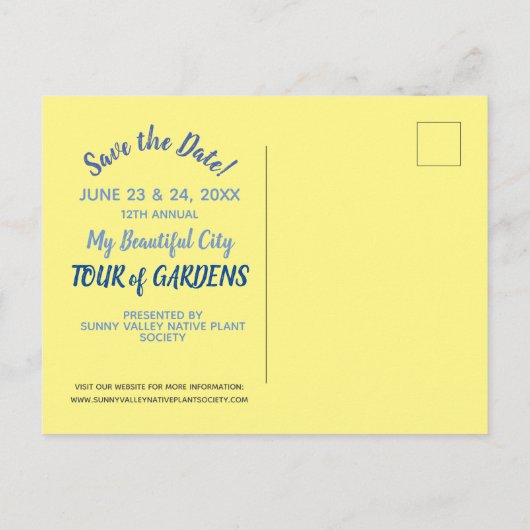 黄色ひまわりフォトガーデンツアー日付保存 インビテーションポストカード (裏面)