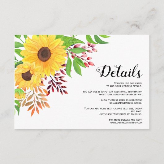 黄色ひまわりフローラ秋の結婚式詳細 エンクロージャーカード (正面)