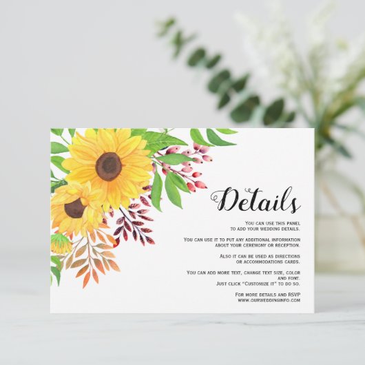 黄色ひまわりフローラ秋の結婚式詳細 エンクロージャーカード (スタンド正面)