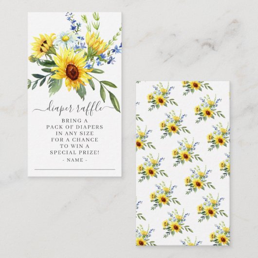 黄色ひまわりフローラ赤ちゃんシャワーおむつラッフル エンクロージャーカード (正面/裏面)