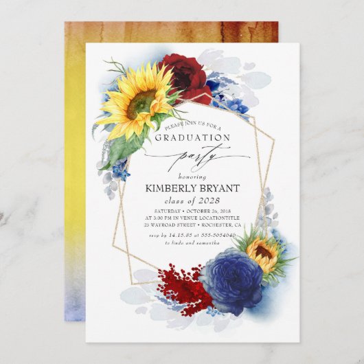 黄色ひまわりブルゴーニュ海軍ブルー卒業 招待状 (正面/裏面)