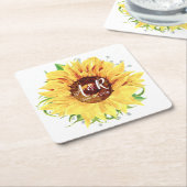 黄色ひまわりモノグラム結婚ズ スクエアペーパーコースター (アングル)