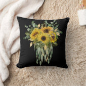 黄色ひまわりユーカリプスクッションブラック クッション (ブランケット)