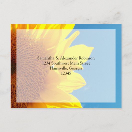 黄色ひまわり付き夏の青空RSVP返信 インビテーションポストカード (裏面)