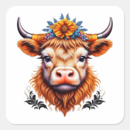 黄色ひまわり付き牛 スクエアシール