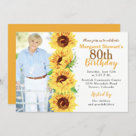 黄色ひまわり写真第80誕生日 招待状