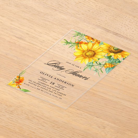 黄色ひまわり及びシーバックトーンベビーシャワー アクリル招待状 (レイダウン)