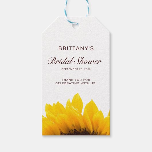 黄色ひまわり名スクリプトモダンブライダルシャワー ギフトタグ (正面)
