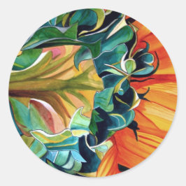 黄色ひまわり水彩オリジナルアート絵画 ラウンドシール