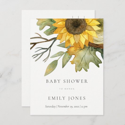 黄色ひまわり水彩フローラベビーシャワー インビテーションポストカード (正面/裏面)