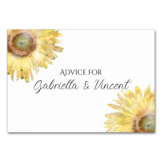 黄色ひまわり水彩結婚アドバイスカード テーブルナンバー (正面)