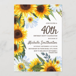 黄色ひまわり白デイジー40歳の誕生日 招待状