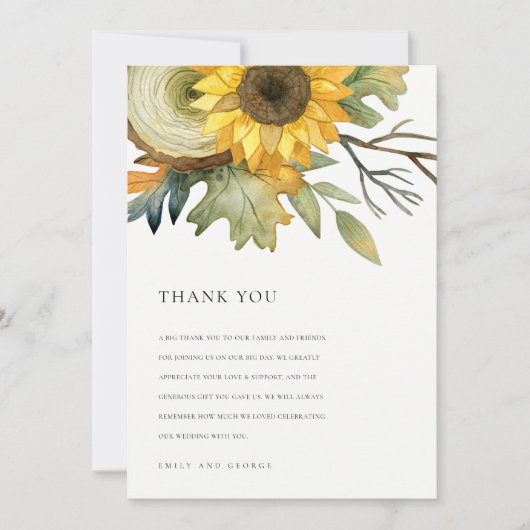 黄色ひまわり秋の水彩フローラ結婚ズ サンキューカード (正面)