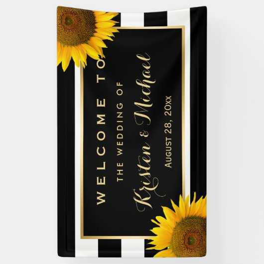 黄色ひまわり素朴白黒ウェディングパーティー 横断幕 (縦)