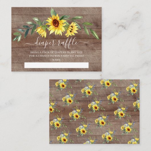 黄色ひまわり素朴赤ちゃんシャワーおむつラッフル エンクロージャーカード (正面/裏面)