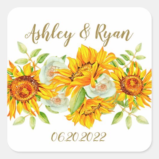 黄色ひまわり結婚の四角いステッカー スクエアシール (正面)