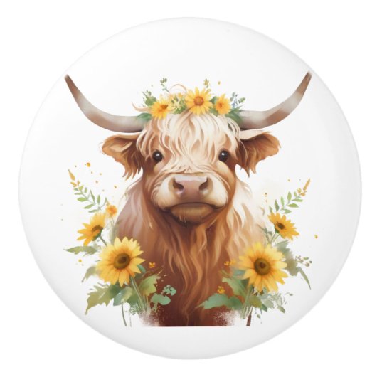 黄色ひまわり花冠を持つハイランド牛 セラミックノブ (正面)
