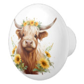 黄色ひまわり花冠を持つハイランド牛 セラミックノブ (右)