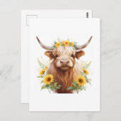 黄色ひまわり花冠を持つハイランド牛 ポストカード (正面/裏面)